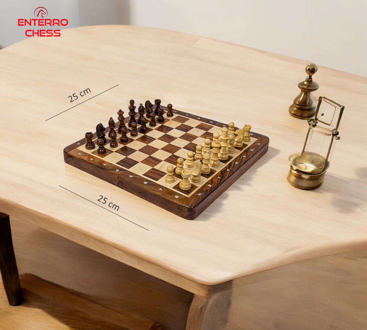 10 x 10 inch ENTERRO™ Wooden Chess Board Set with NOTATIONS and with 2 Extra Queens - Folding Magnetic & Travel Friendly