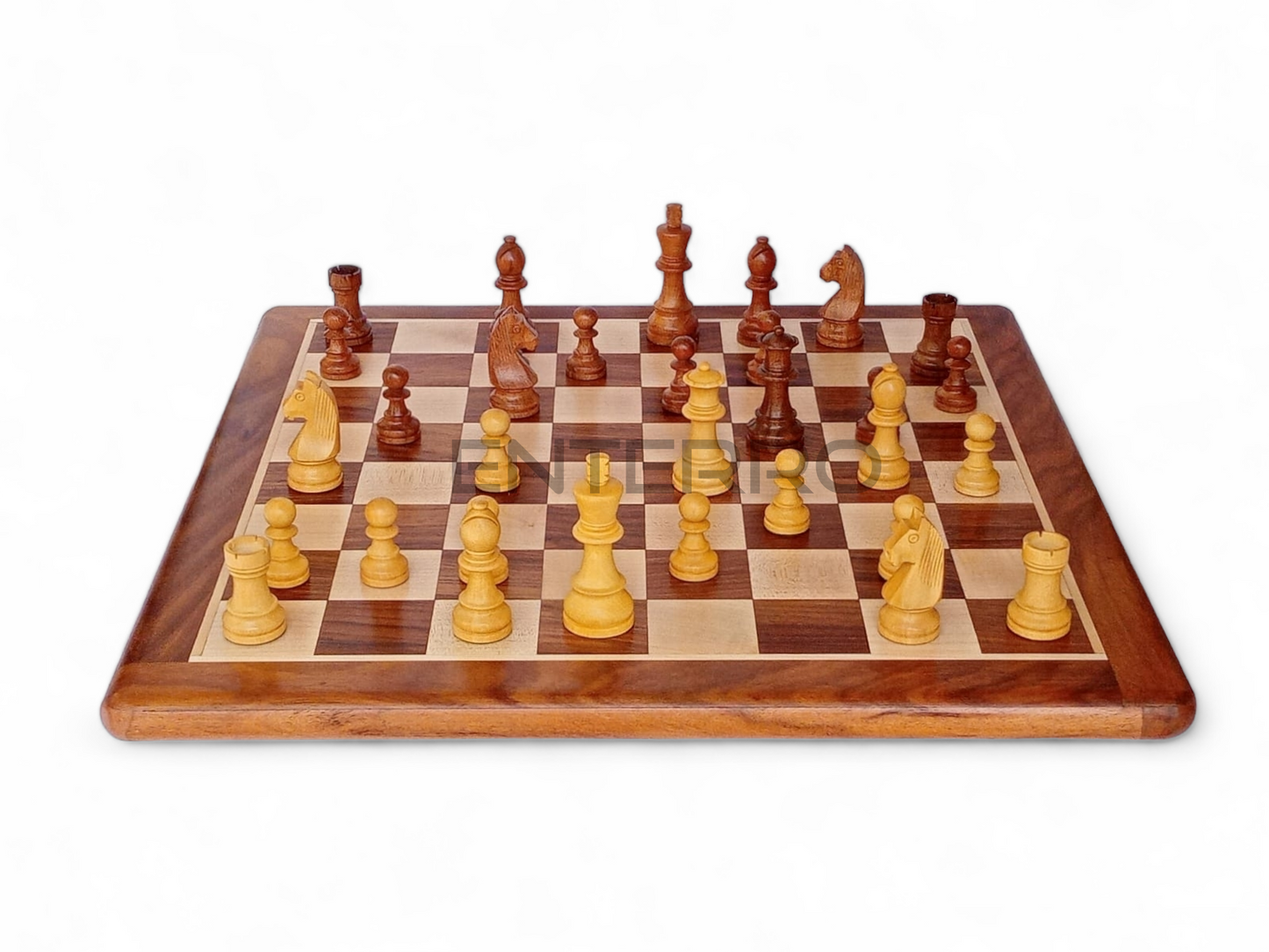 17 x 17 inch Wooden FLAT Chess Board with Wooden Chess Coins King Size 3" high - Premium Quality - Handcrafted - 32 Chess Coins with 2 Extra Queens