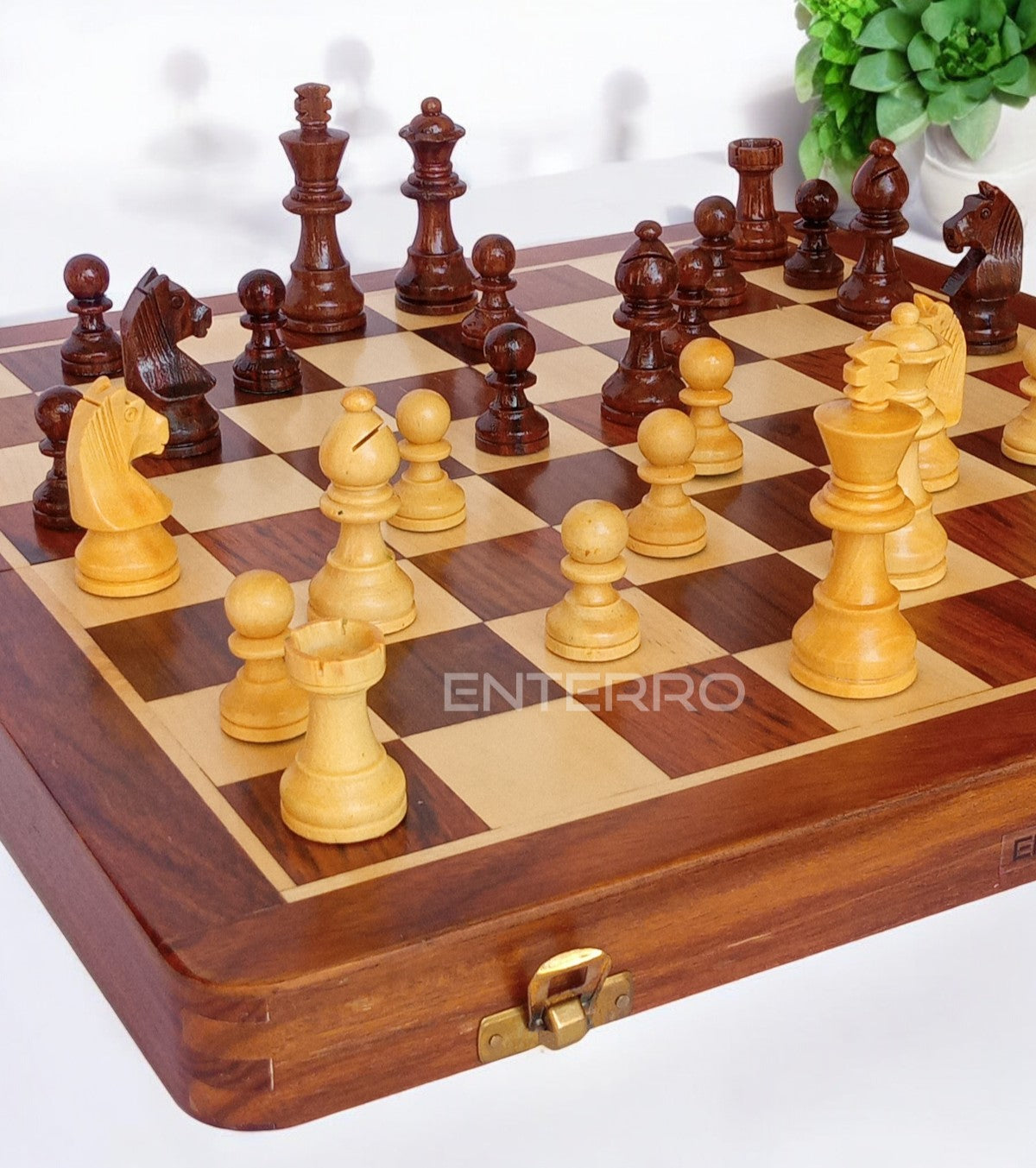 14 x 14 inch ENTERRO™ Wooden Chess Board Set with 2 Extra Queens - Magnetic Folding & Travel Friendly Chess Set