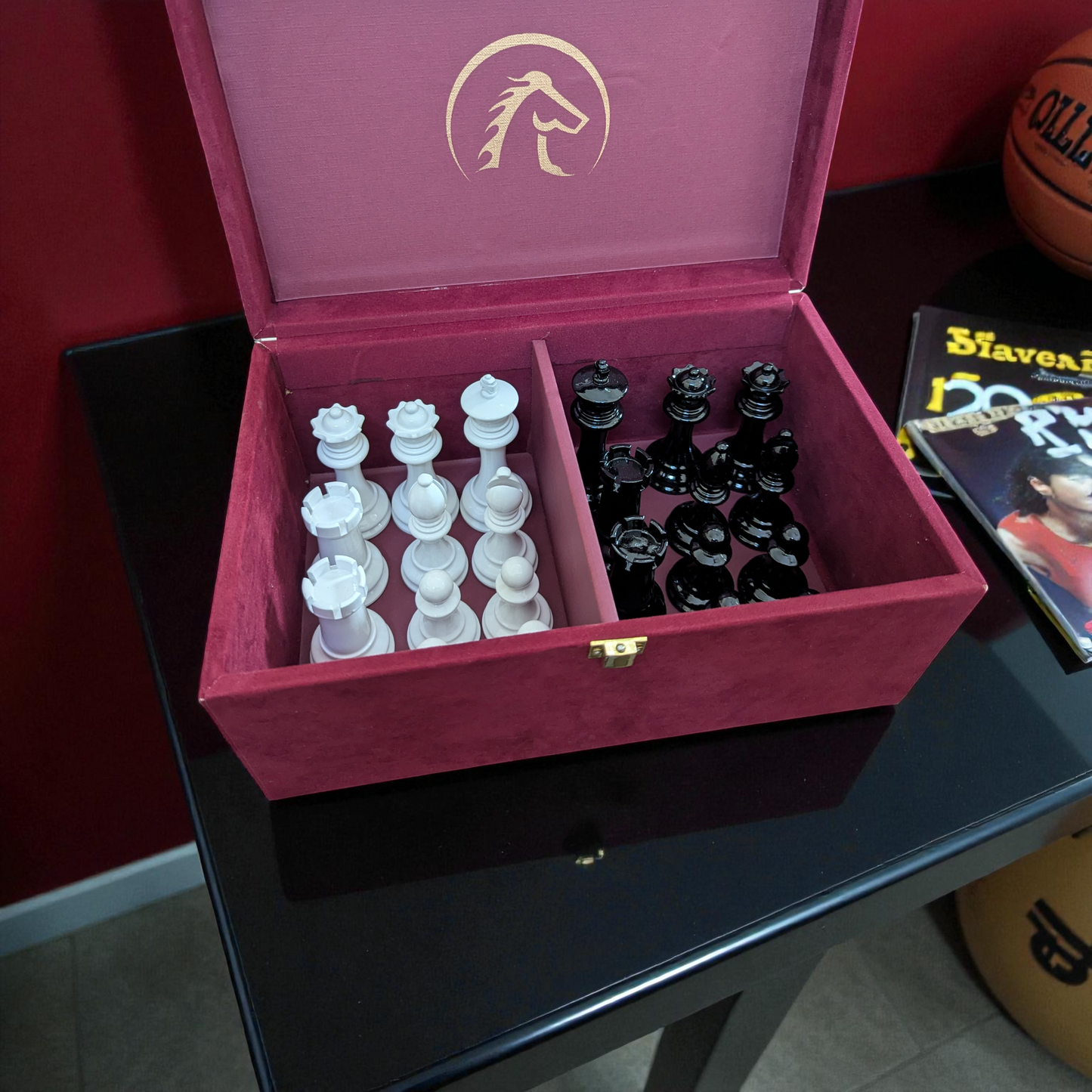 Wooden Storage Box for 3.75" to 4.25" Chess Pieces - Maroon Color