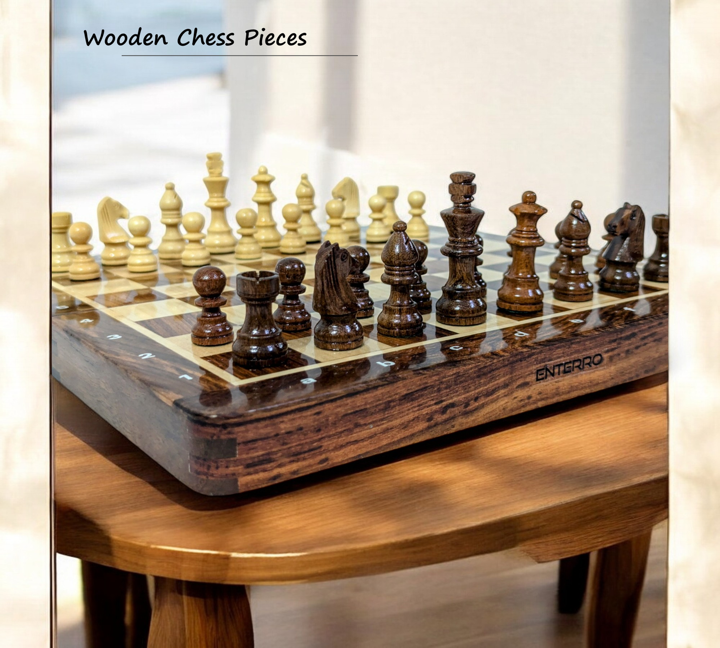 12 x 12 inch ENTERRO⢠Wooden Chess Board Set with NOTATIONS and with 2 Extra Queens - Folding Magnetic & Travel Friendly
