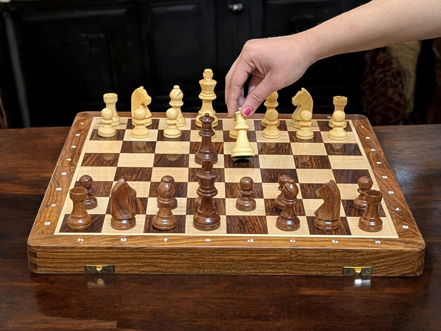 16" x 16" Wooden Foldable Magnetic Chess Board Set with NOTATIONS and - King Size 3" high - Premium Handcrafted Board