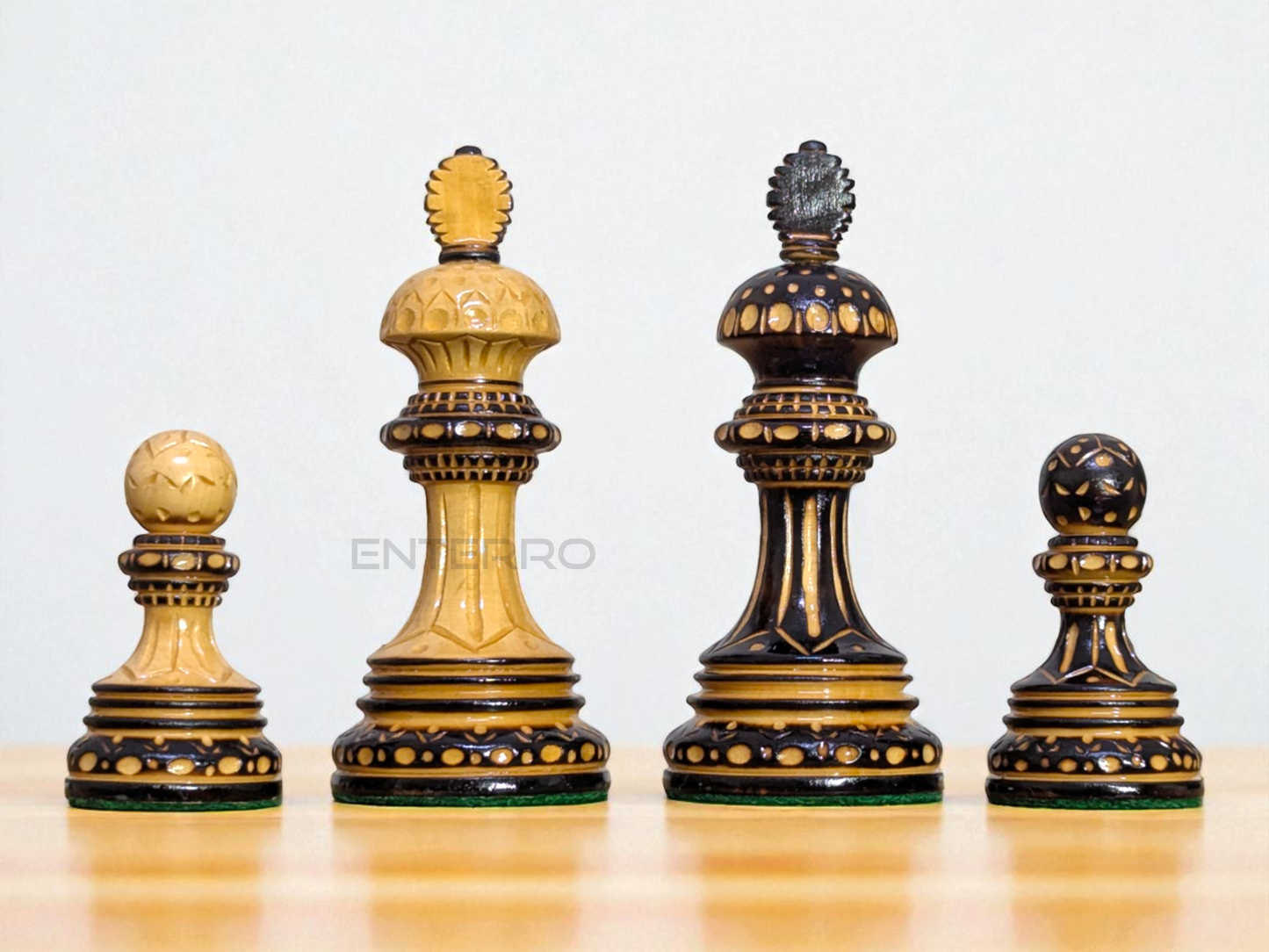 4.5" Wellington Burning Series Wooden Chess Pieces - Made of Burnt Boxwood and Boxwood