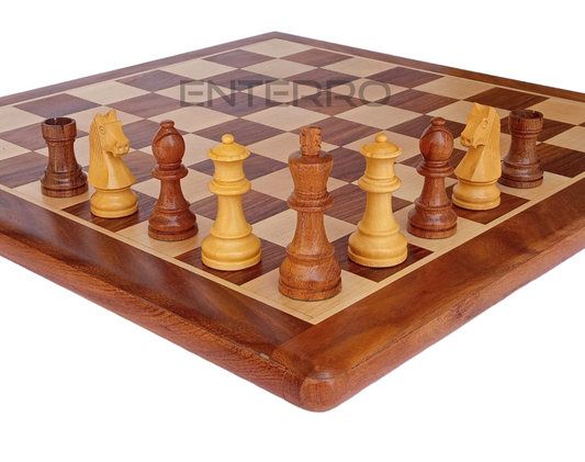17 x 17 inch Wooden FLAT Chess Board with Wooden Chess Coins - King Size 3" high - Premium Jute Bag for Safe Storage and Travel Friendly
