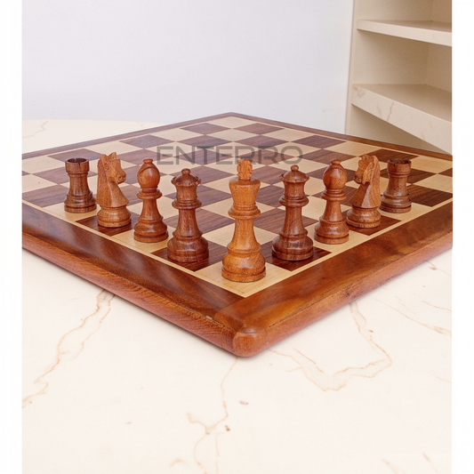 17 x 17 inch Wooden FLAT Chess Board with Wooden Chess Coins King Size 3" high - Premium Quality - Handcrafted - 32 Chess Coins with 2 Extra Queens