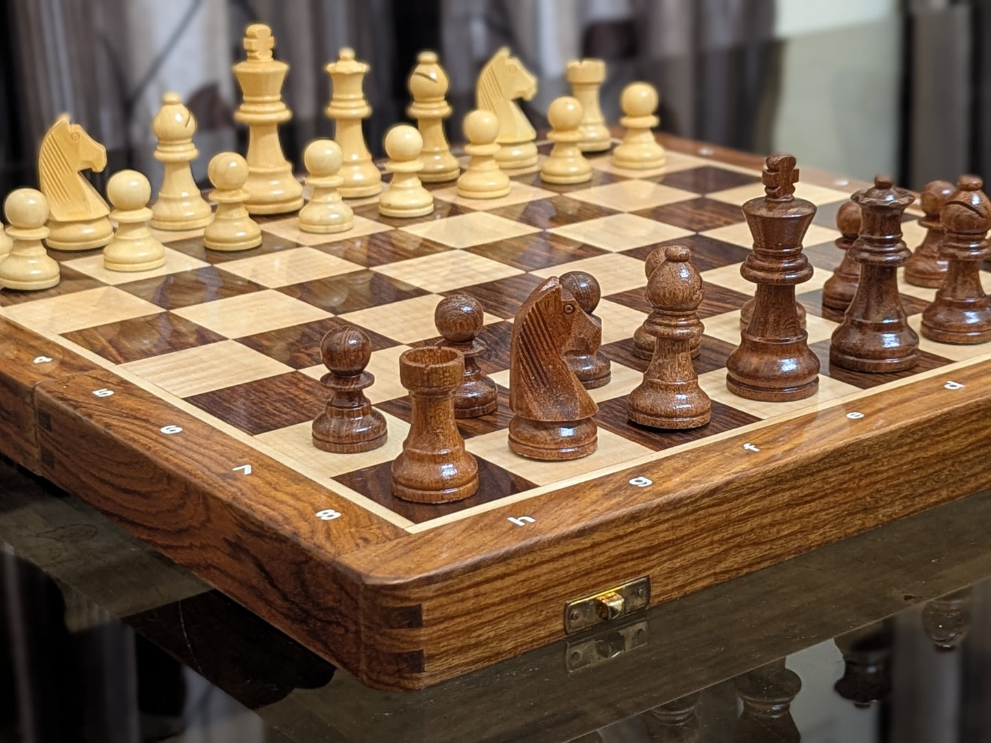 16" x 16" Wooden Foldable Magnetic Chess Board Set with NOTATIONS and - King Size 3" high - Premium Handcrafted Board