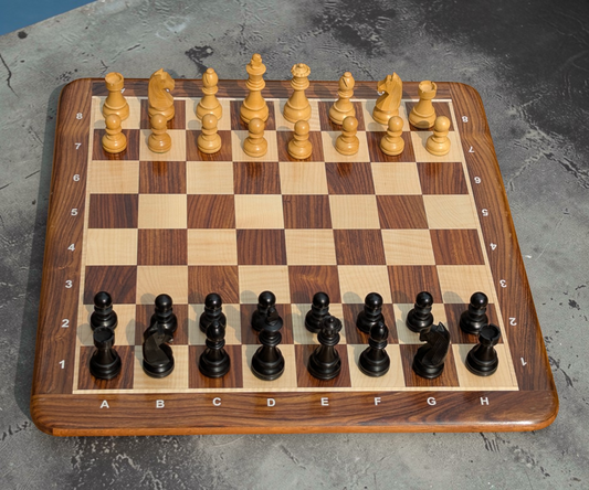 21" x 21" Wooden Chess Set with NOTATIONS - Square 55 mm || 3.75" Staunton German Knight Standard EBONIZED Series Chess Pieces