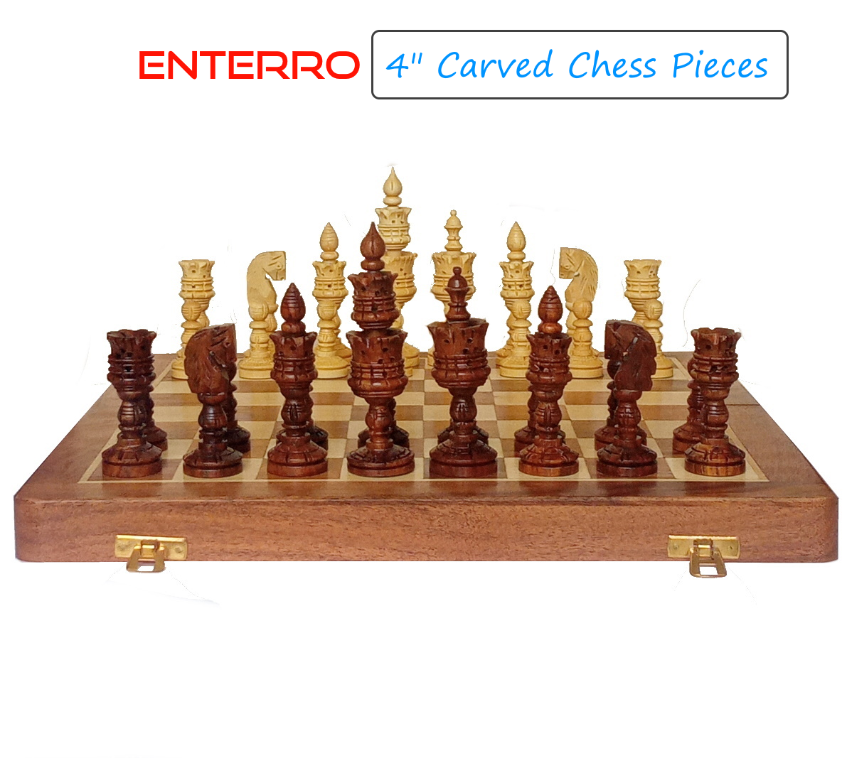 14" x 14" Wooden Chess Board Set - NON-MAGNETIC - 4" Zinnia Wooden Carved Chess Pieces