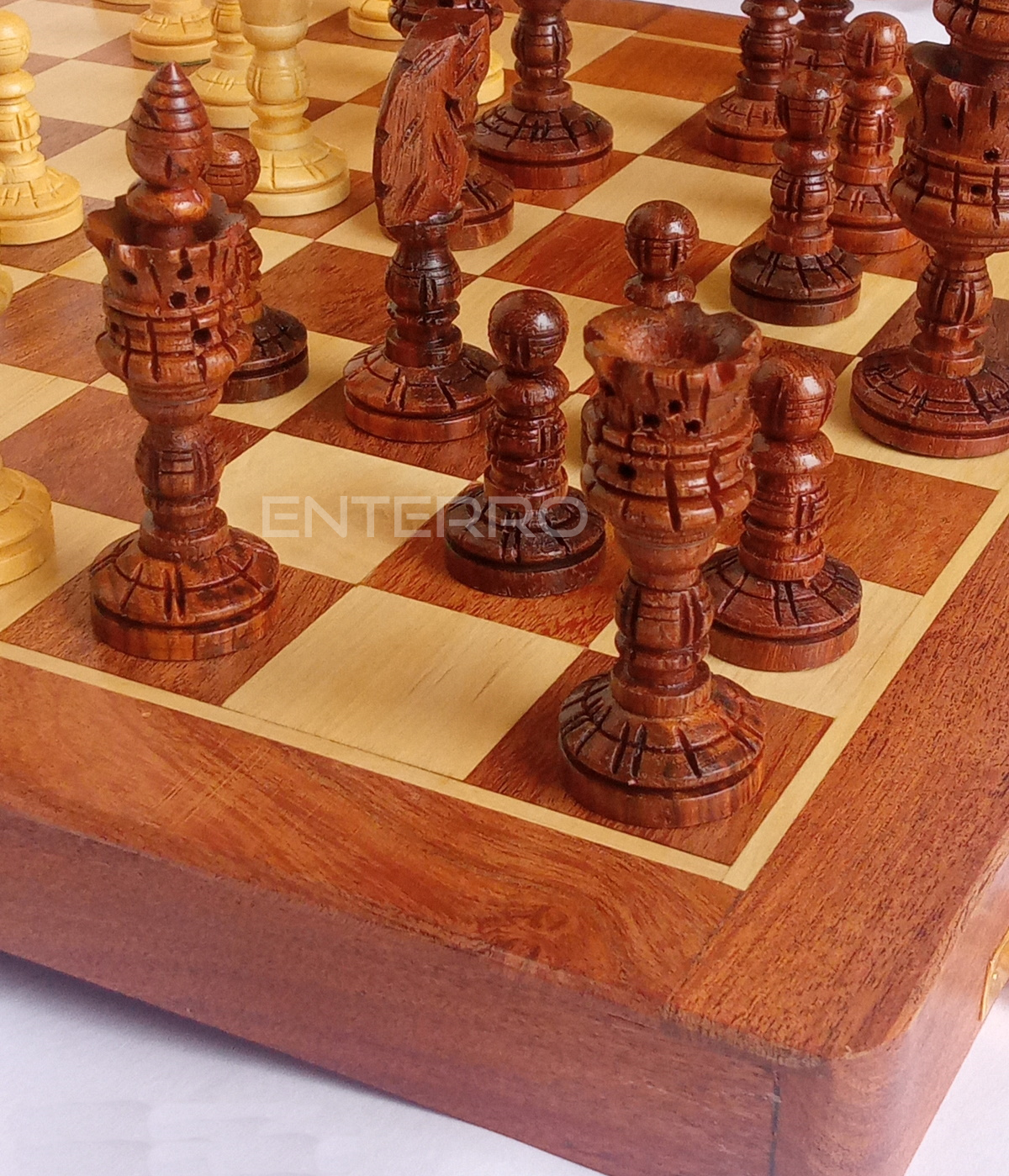 14" x 14" Wooden Chess Board Set - NON-MAGNETIC - 4" Zinnia Wooden Carved Chess Pieces