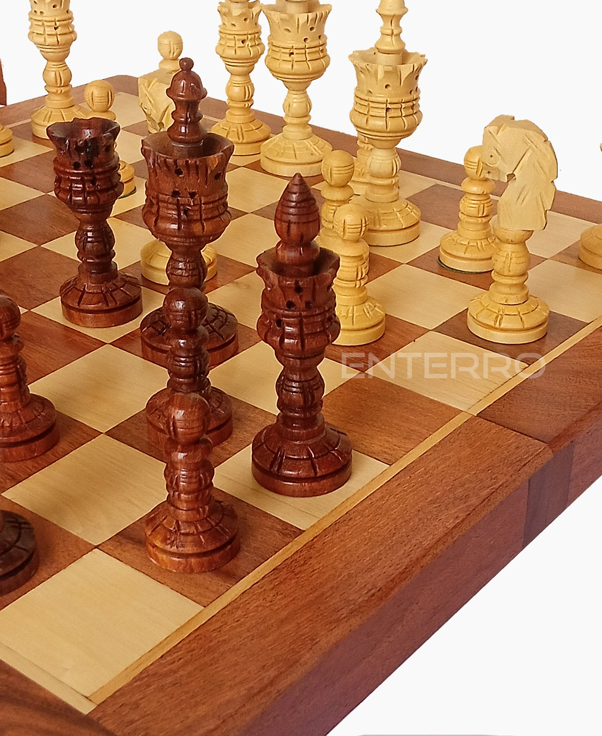 14" x 14" Wooden Chess Board Set - NON-MAGNETIC - 4" Zinnia Wooden Carved Chess Pieces