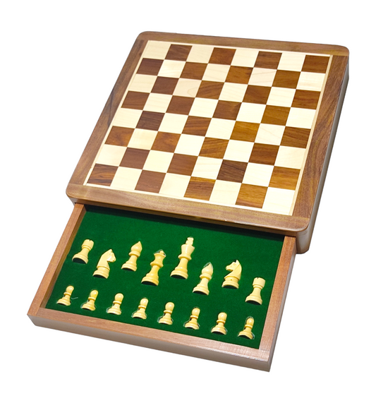 12 x 12 inch Wooden Drawer Chess Set with Magnetic Wooden Chess Coins - Handcrafted Board Game