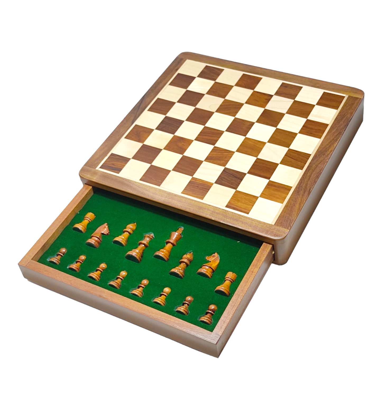 12 x 12 inch Wooden Drawer Chess Set with Magnetic Wooden Chess Coins - Handcrafted Board Game