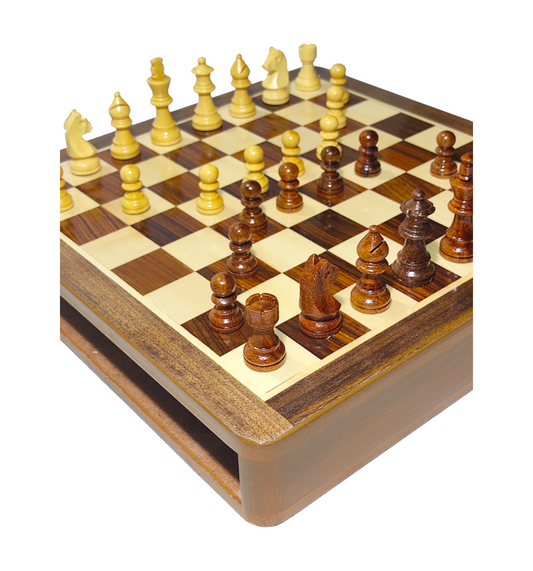 12 x 12 inch Wooden Drawer Chess Set with Magnetic Wooden Chess Coins - Handcrafted Board Game