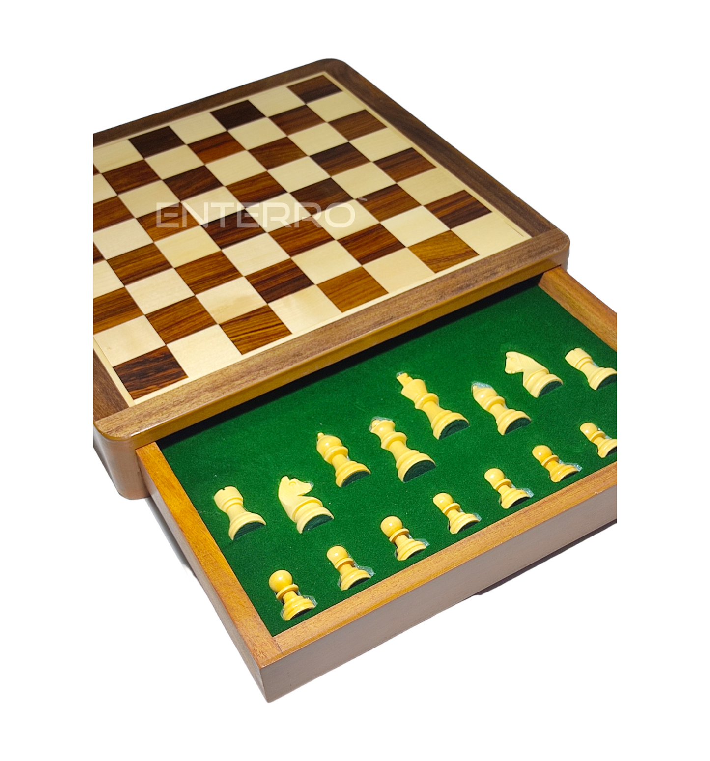 12 x 12 inch Wooden Drawer Chess Set with Magnetic Wooden Chess Coins - Handcrafted Board Game