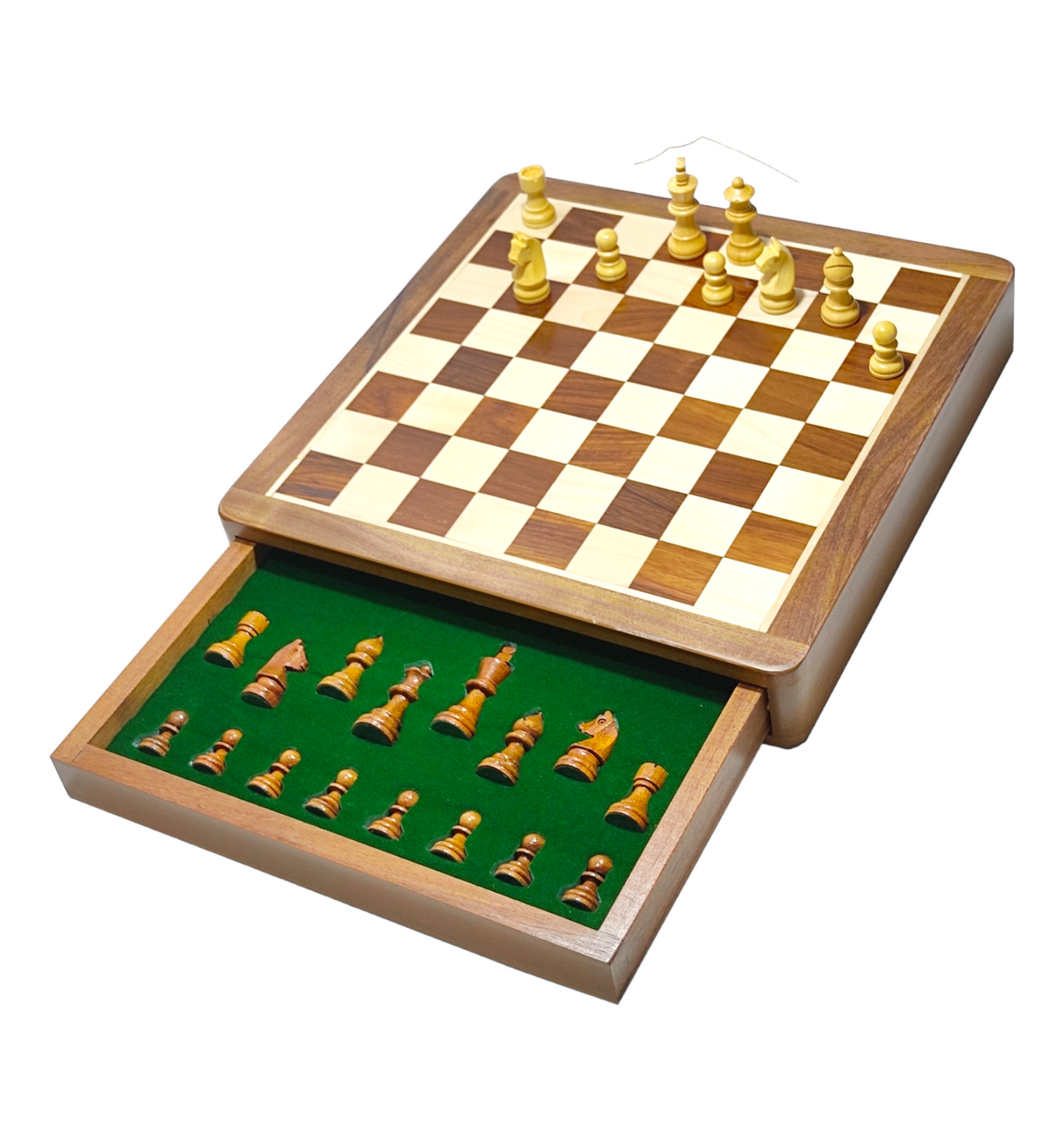 12 x 12 inch Wooden Drawer Chess Set with Magnetic Wooden Chess Coins - Handcrafted Board Game