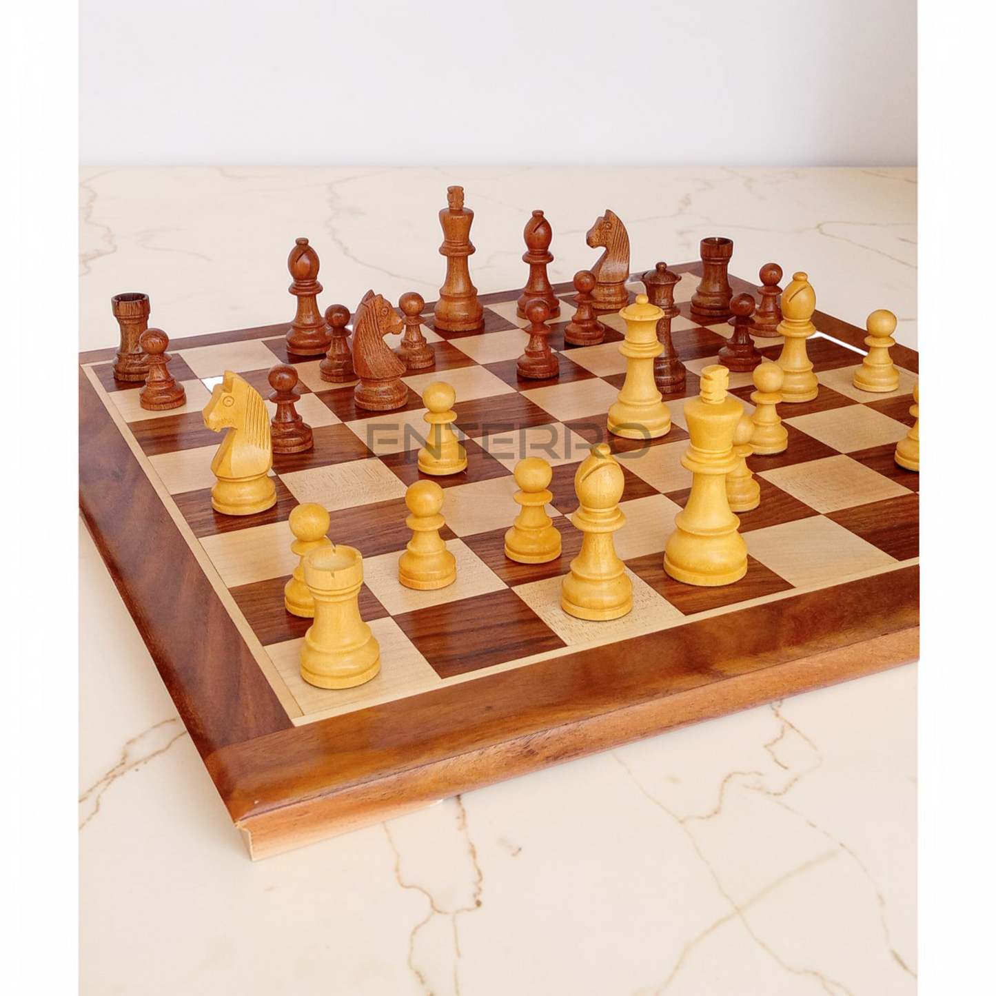 17 x 17 inch Wooden FLAT Chess Board with Wooden Chess Coins King Size 3" high - Premium Quality - Handcrafted - 32 Chess Coins with 2 Extra Queens