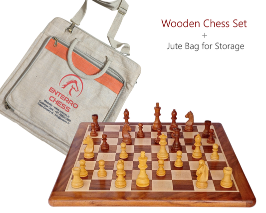 17 x 17 inch Wooden FLAT Chess Board with Wooden Chess Coins - King Size 3" high - Premium Jute Bag for Safe Storage and Travel Friendly