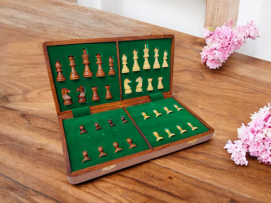 14 x 14 inch ENTERRO™ Wooden Chess Board Set with NOTATIONS and 2 Extra Queens - Magnetic Folding & Travel Friendly Chess Set