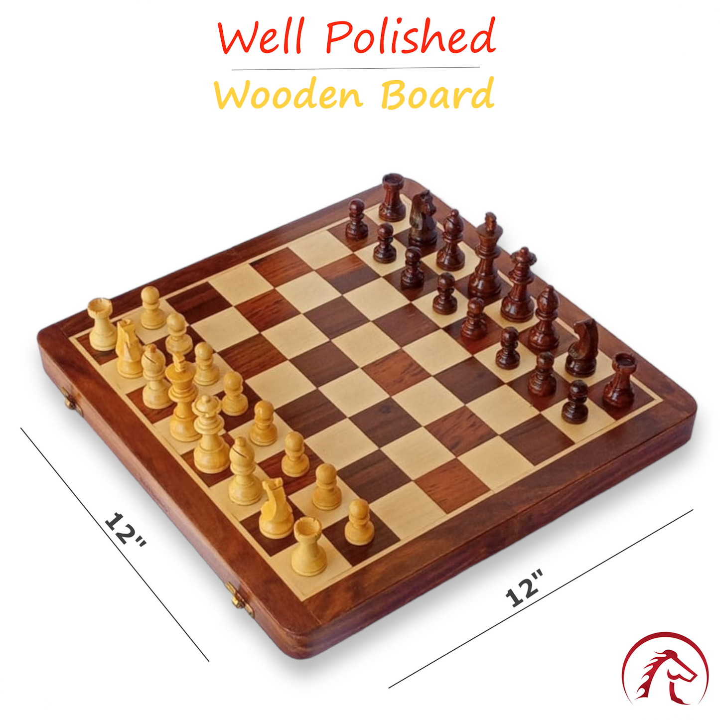 12 x 12 inch ENTERRO™ Wooden Chess Board Set with 2 Extra Queens - Folding Magnetic & Travel Friendly Chess Set