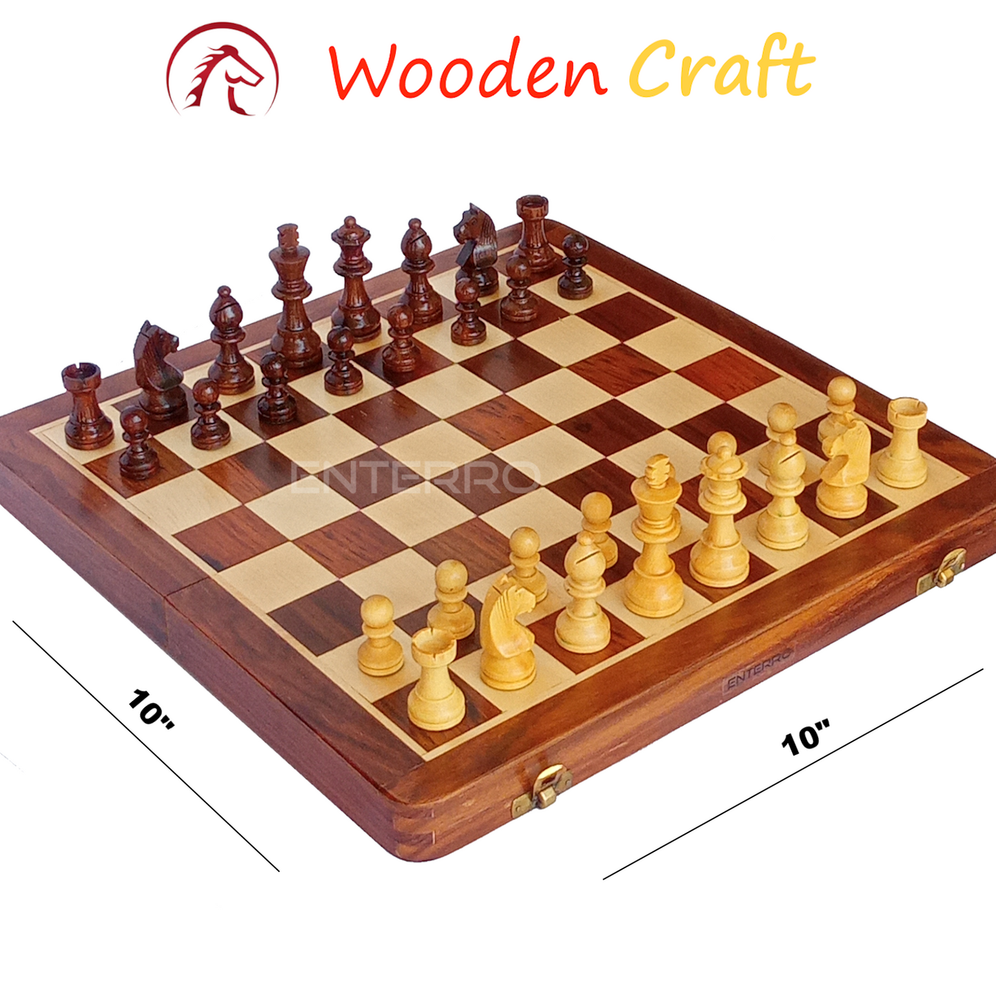 10 x 10 inch ENTERRO™ Wooden Chess Board Set with 2 Extra Queens - Folding Magnetic & Travel Friendly Chess Board