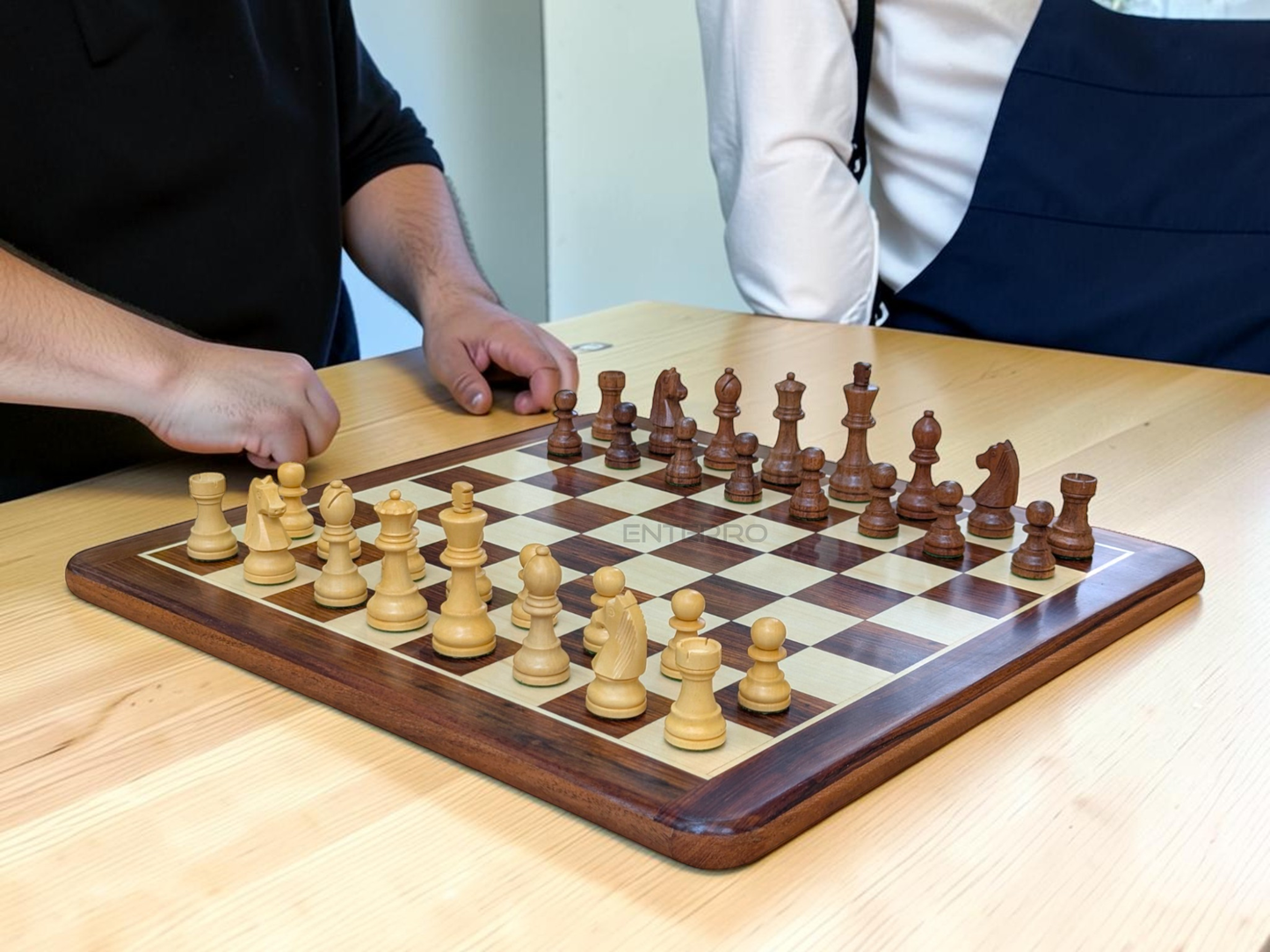 17 x 17 inch Wooden FLAT Chess Board with Wooden Chess Coins King Size 3" high - Premium Quality - Handcrafted - 32 Chess Coins with 2 Extra Queens