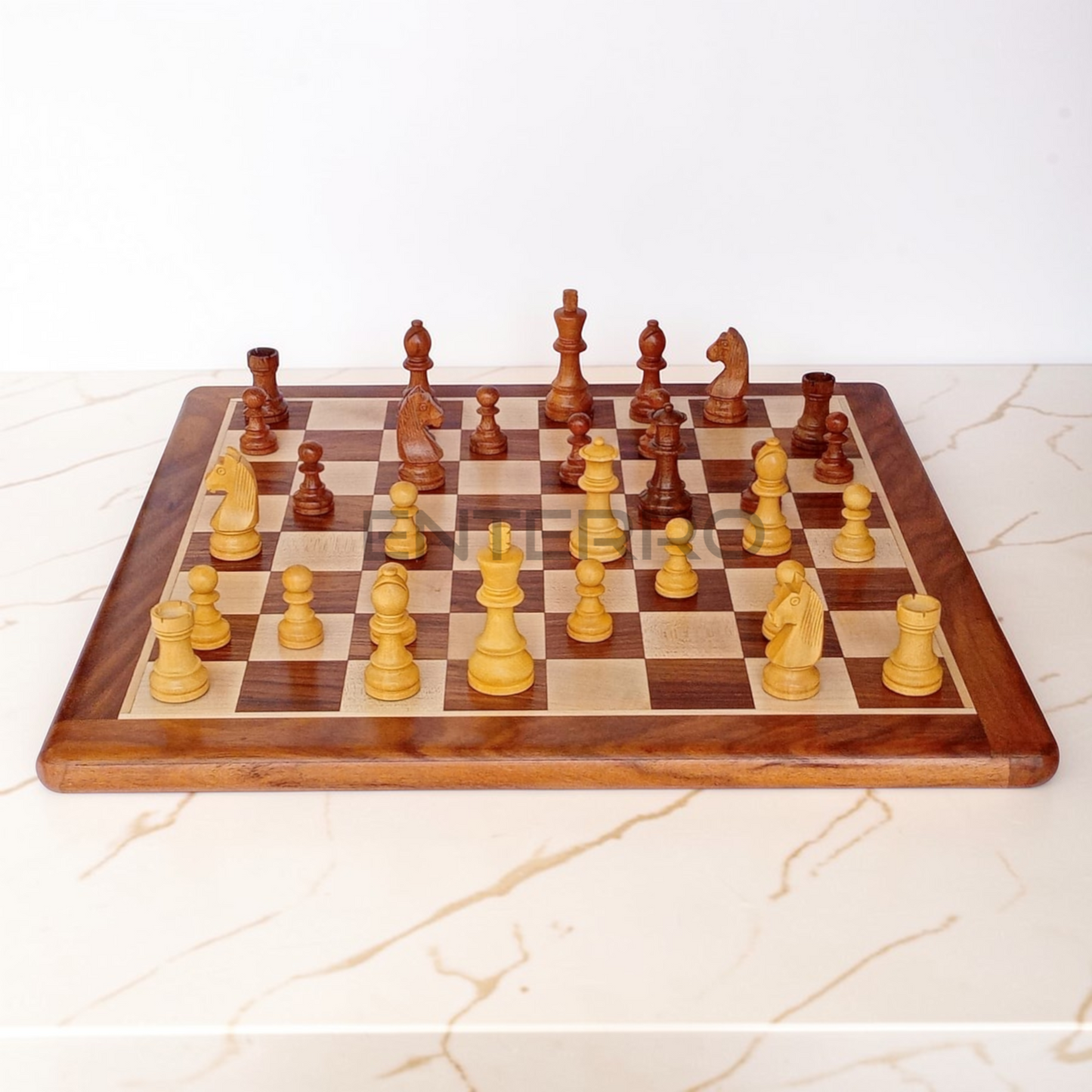 17 x 17 inch Wooden FLAT Chess Board with Wooden Chess Coins King Size 3" high - Premium Quality - Handcrafted - 32 Chess Coins with 2 Extra Queens