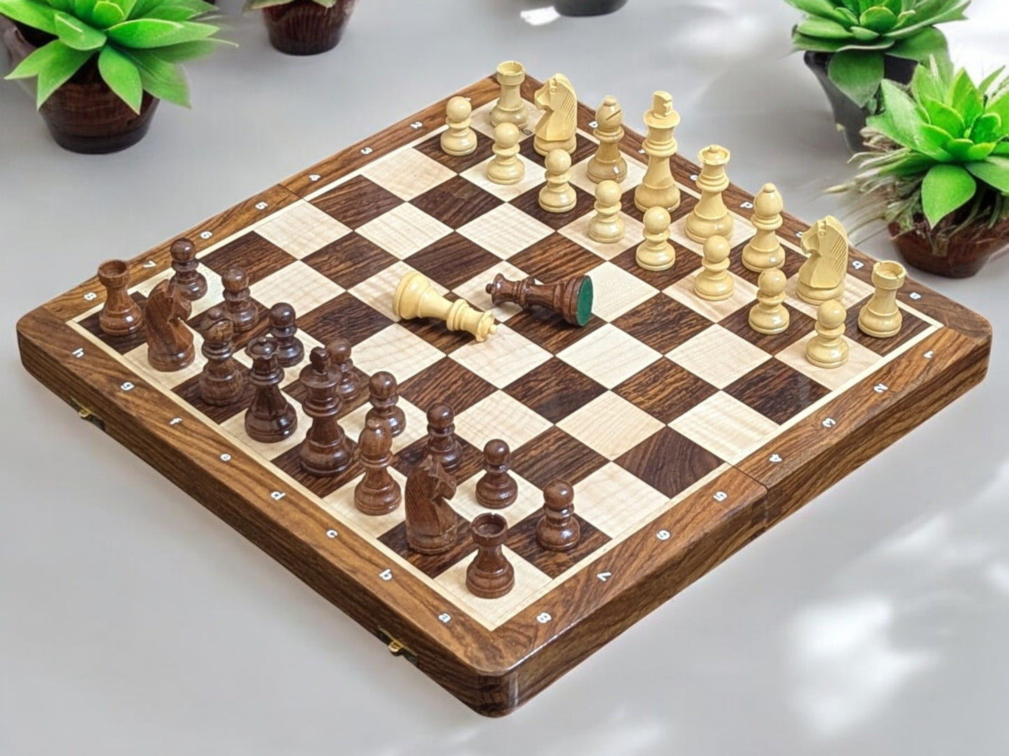 14 x 14 inch ENTERRO™ Wooden Chess Board Set with NOTATIONS and 2 Extra Queens - Magnetic Folding & Travel Friendly Chess Set