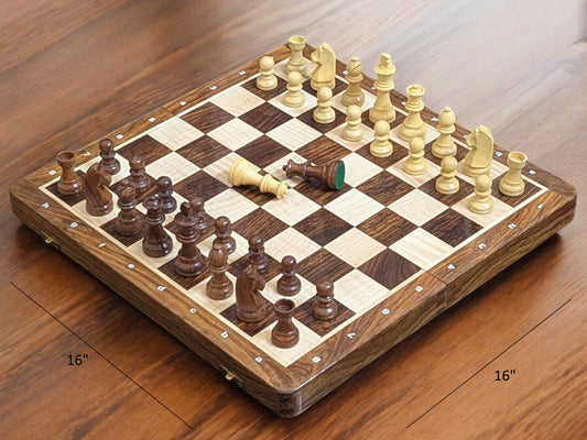 ENTERRO™ Juego de tablero de ajedrez magnético plegable de madera - 16 x 16 pulgadas - King Size 3" de alto - Hecho a mano de primera calidad - Ajedrez plegable y apto para viajes