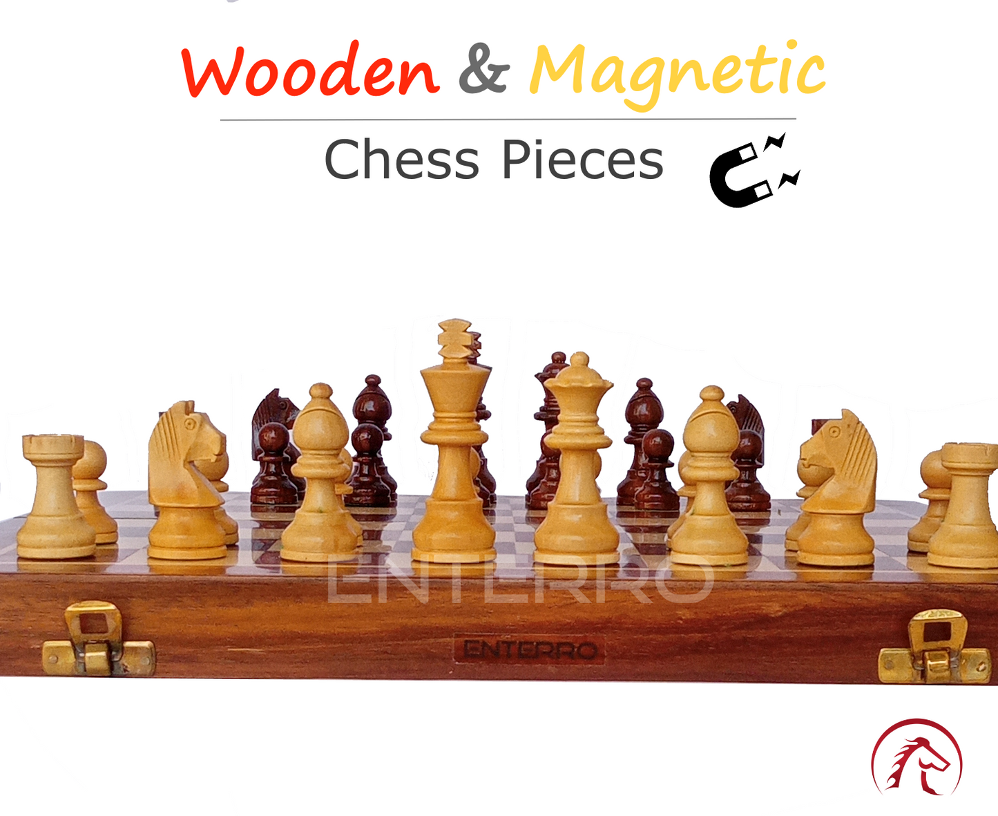 10 x 10 inch ENTERRO™ Wooden Chess Board Set with 2 Extra Queens - Folding Magnetic & Travel Friendly Chess Board