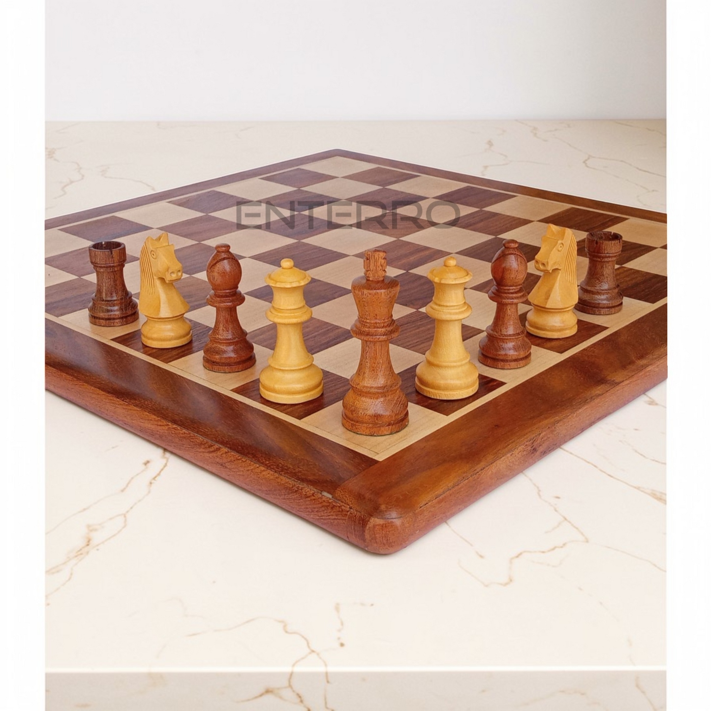 17 x 17 inch Wooden FLAT Chess Board with Wooden Chess Coins King Size 3" high - Premium Quality - Handcrafted - 32 Chess Coins with 2 Extra Queens