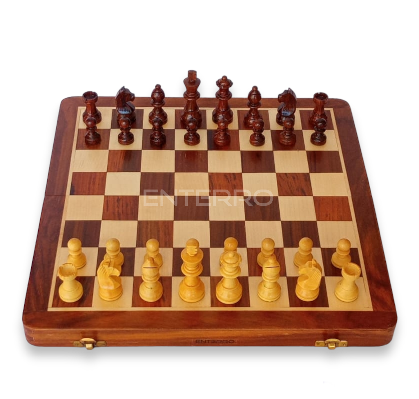 10 x 10 inch ENTERRO™ Wooden Chess Board Set with 2 Extra Queens - Folding Magnetic & Travel Friendly Chess Board