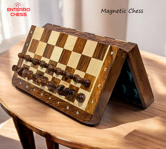 12 x 12 inch ENTERRO™ Wooden Chess Board Set with NOTATIONS and with 2 Extra Queens - Folding Magnetic & Travel Friendly