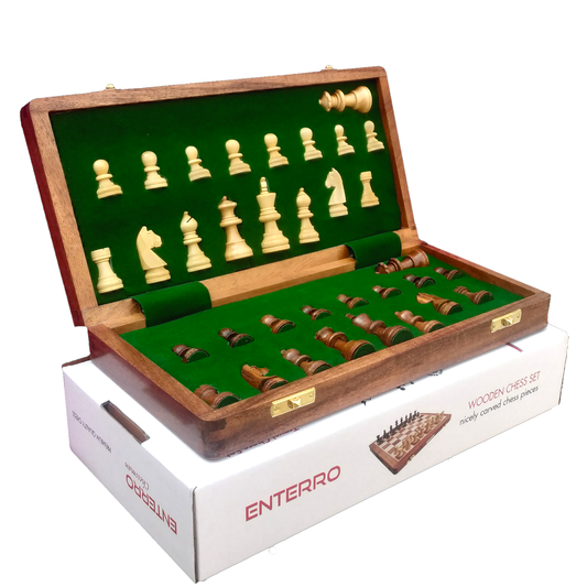 10 x 10 inch ENTERRO™ Wooden Chess Board Set with 2 Extra Queens - Folding Magnetic & Travel Friendly Chess Board