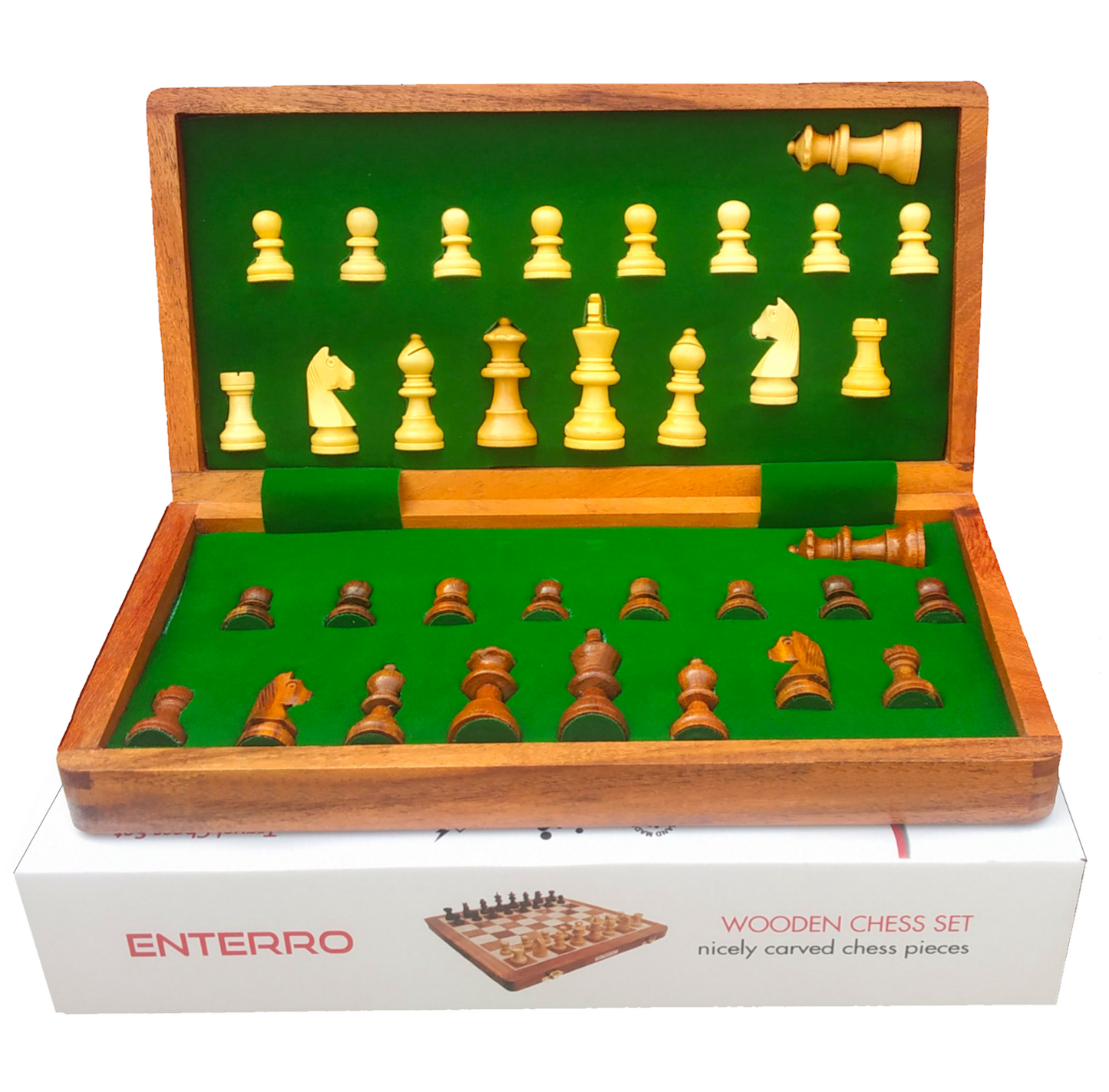 12 x 12 inch ENTERRO™ Wooden Chess Board Set with 2 Extra Queens - Folding Magnetic & Travel Friendly Chess Set