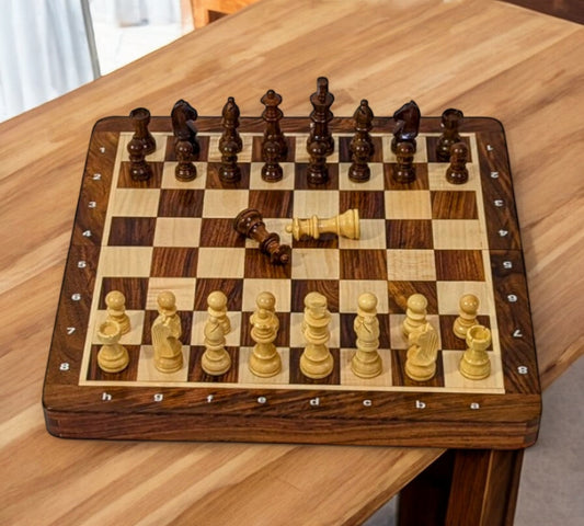 10 x 10 inch ENTERRO™ Wooden Chess Board Set with NOTATIONS and with 2 Extra Queens - Folding Magnetic & Travel Friendly