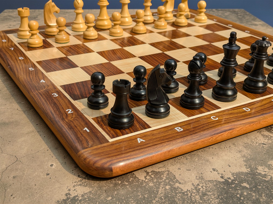 21" x 21" Wooden Chess Set with NOTATIONS - Square 55 mm || 3.75" Staunton German Knight Standard EBONIZED Series Chess Pieces