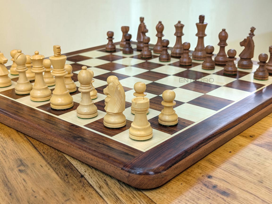 17 x 17 inch Wooden FLAT Chess Board with Wooden Chess Coins King Size 3" high - Premium Quality - Handcrafted - 32 Chess Coins with 2 Extra Queens