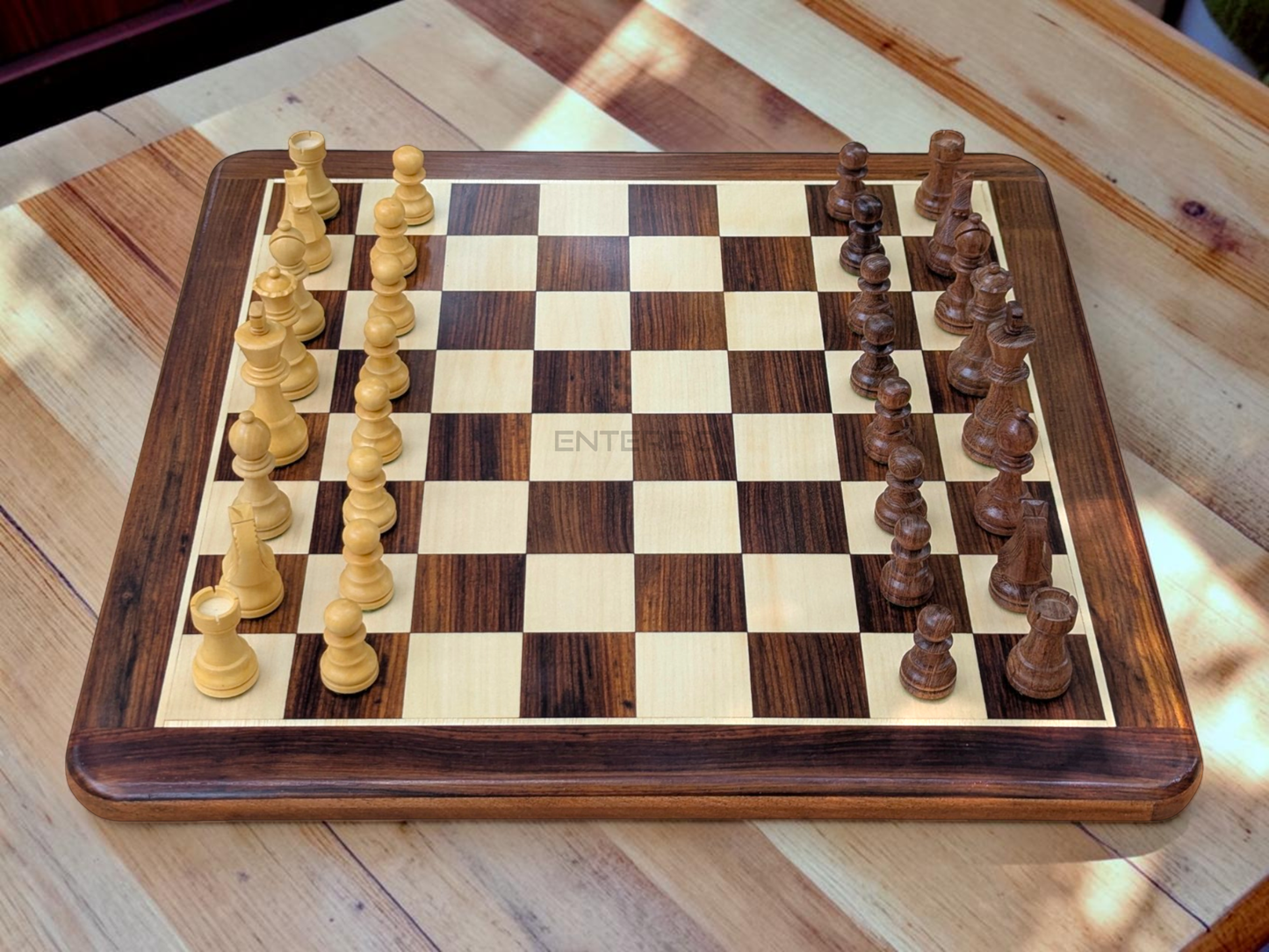 17 x 17 inch Wooden FLAT Chess Board with Wooden Chess Coins King Size 3" high - Premium Quality - Handcrafted - 32 Chess Coins with 2 Extra Queens