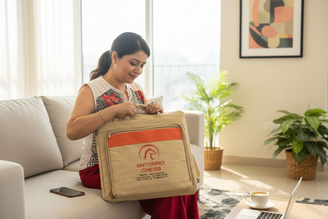 17 x 17 inch Wooden FLAT Chess Board with Wooden Chess Coins - King Size 3" high - Premium Jute Bag for Safe Storage and Travel Friendly