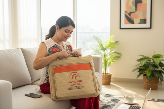 17 x 17 inch Wooden FLAT Chess Board with Wooden Chess Coins - King Size 3" high - Premium Jute Bag for Safe Storage and Travel Friendly