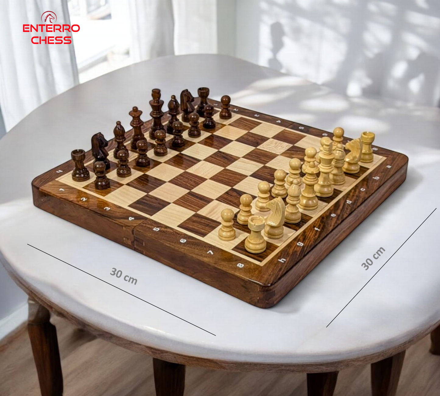 12 x 12 inch ENTERRO™ Wooden Chess Board Set with NOTATIONS and with 2 Extra Queens - Folding Magnetic & Travel Friendly