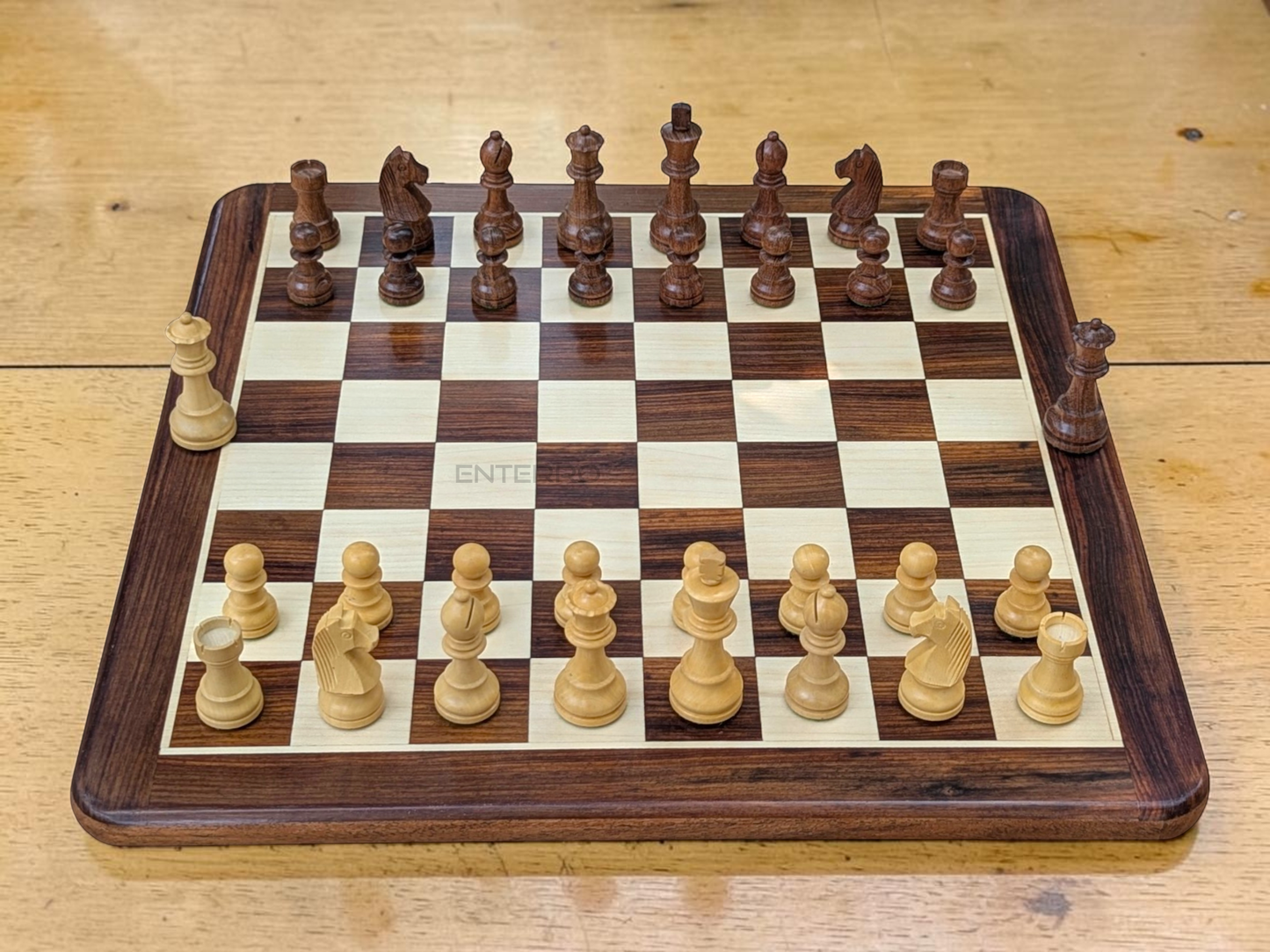 17 x 17 inch Wooden FLAT Chess Board with Wooden Chess Coins King Size 3" high - Premium Quality - Handcrafted - 32 Chess Coins with 2 Extra Queens
