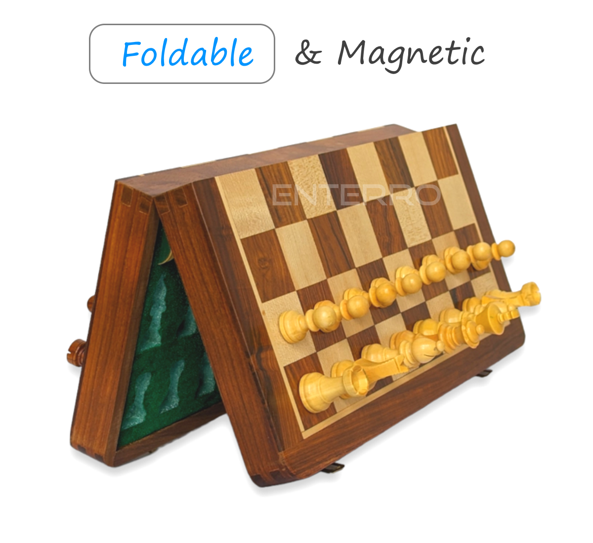 16" x 16" ENTERRO™ Wooden Foldable Magnetic Chess Board Set - King Size 3" high - Premium Handcrafted