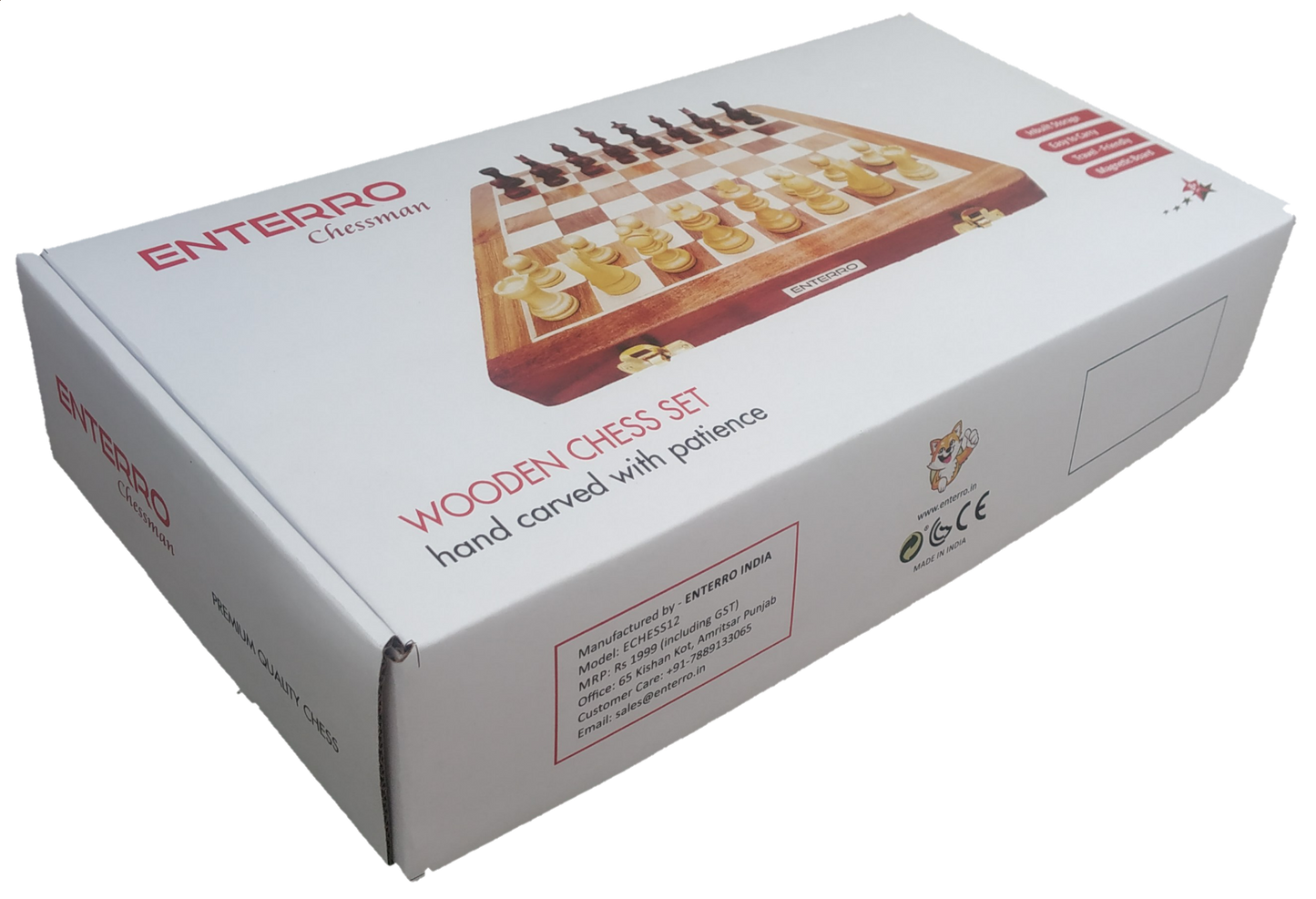 12 x 12 inch ENTERRO™ Wooden Chess Board Set with 2 Extra Queens - Folding Magnetic & Travel Friendly Chess Set