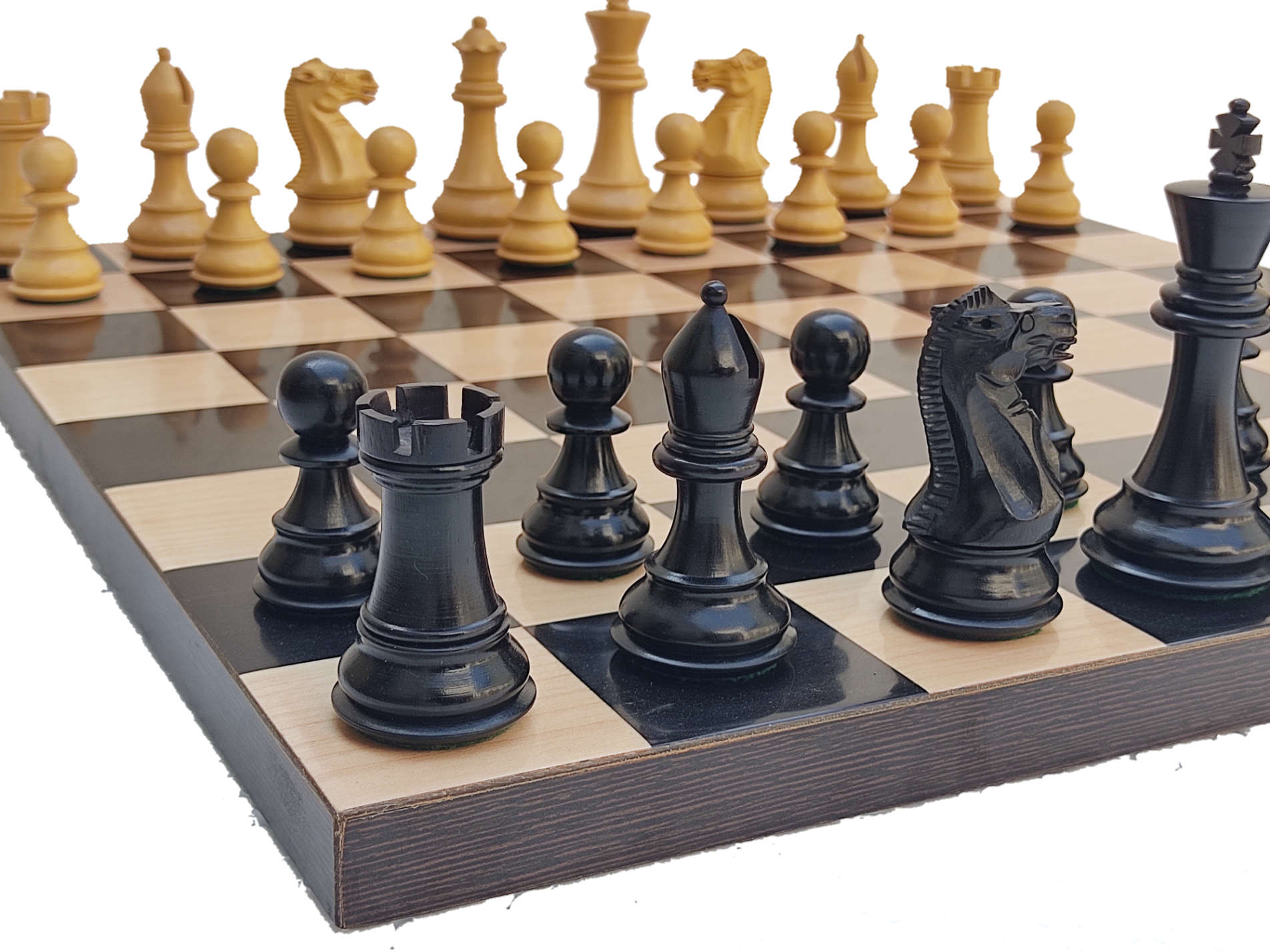 21 x 21 Golden Rosewood & Maple Wood Chess Board with 3.75 Stanton Pure  Ebony Chess Pieces