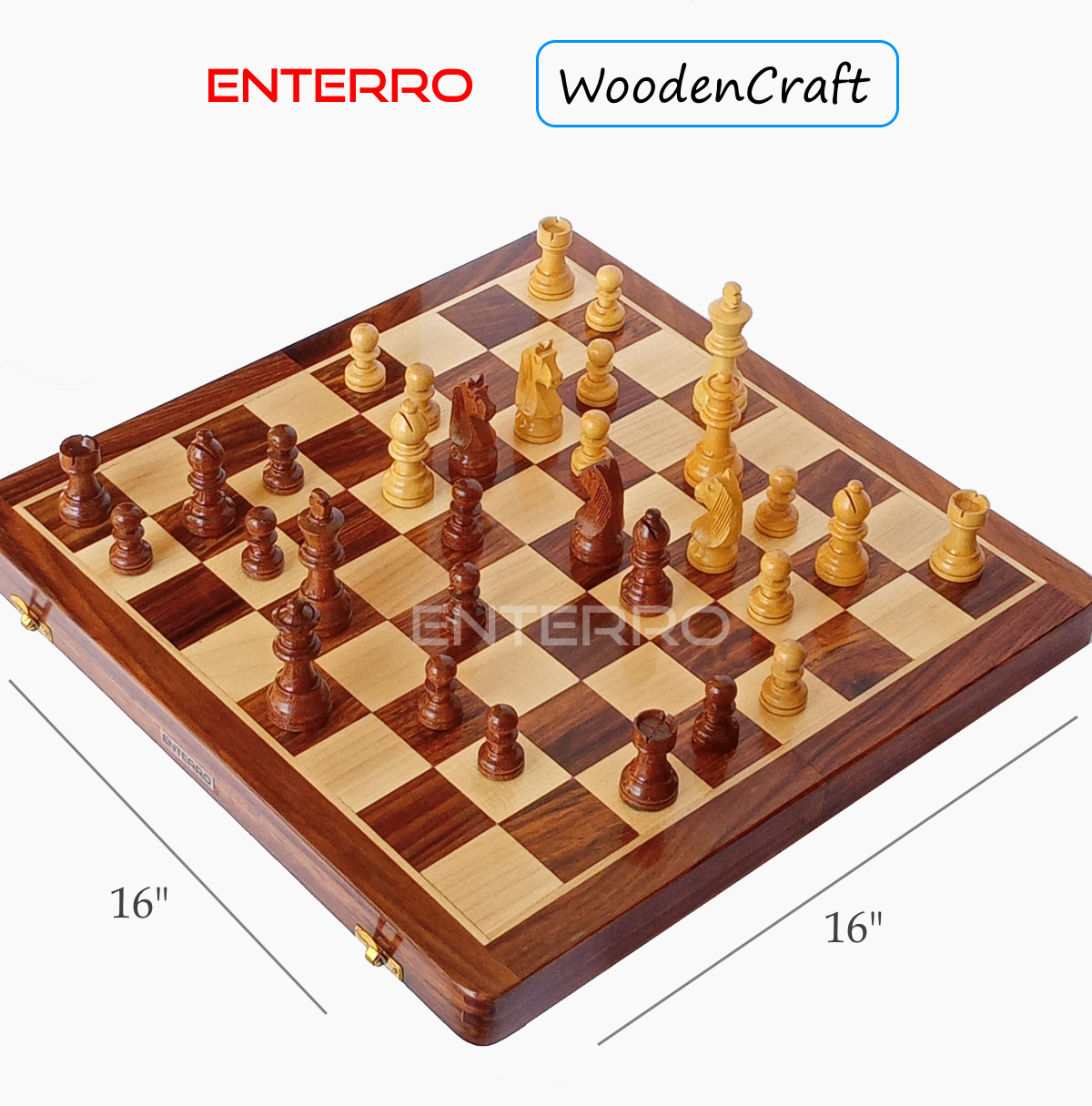 16" x 16" ENTERRO™ Wooden Foldable Magnetic Chess Board Set - King Size 3" high - Premium Handcrafted