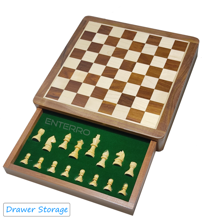 Wooden Magnetic Drawer Chess Set 10 x 10 inch with Magnetic Chessman Coins - Handcrafted Indoor Game & Travel Friendly for Kids Adults