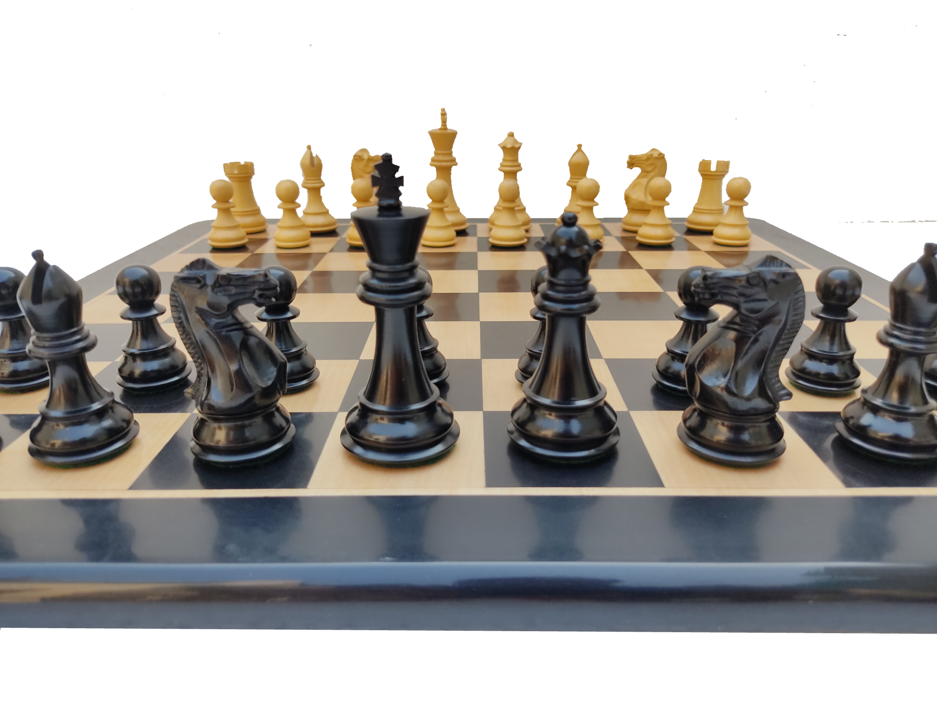 21 x 21 Golden Rosewood & Maple Wood Chess Board with 3.75 Stanton Pure  Ebony Chess Pieces
