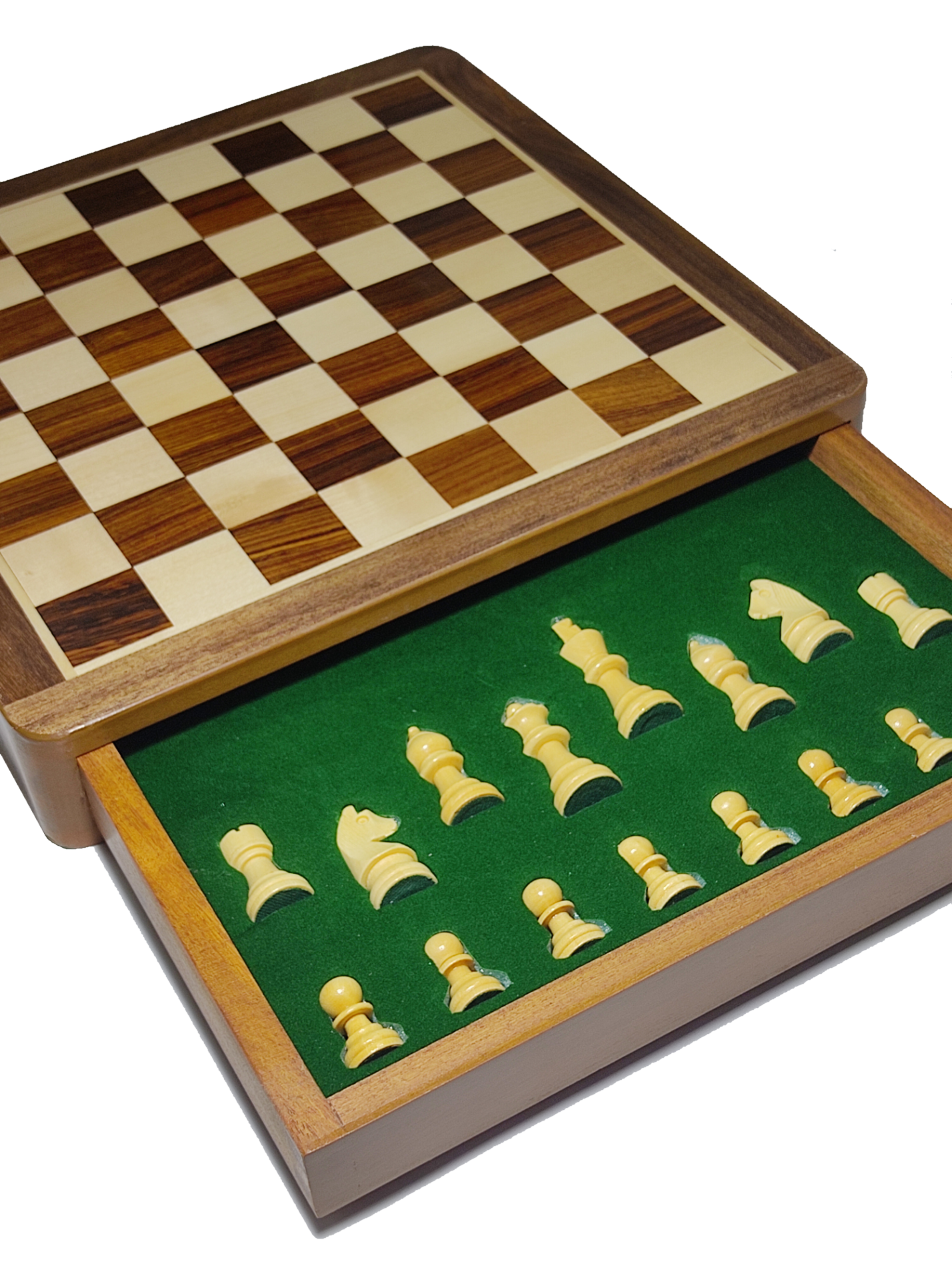 Wooden Magnetic Drawer Chess Set 10 x 10 inch with Magnetic Chessman Coins - Handcrafted Indoor Game & Travel Friendly for Kids Adults