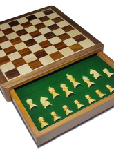 Laden Sie das Bild in den Galerie-Viewer, Wooden Magnetic Drawer Chess Set 10 x 10 inch with Magnetic Chessman Coins - Handcrafted Indoor Game &amp; Travel Friendly for Kids Adults